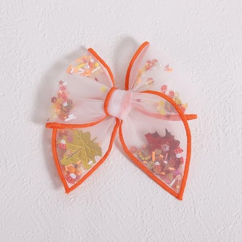 Fall Thanksgiving Turkey Mesh Tulle Hair Bow Clips for Girls, 2Pcs 4" Mushroom Shaker Fable Bow Cheer Barrettes,Autumn Holiday outfit Dress Decor Accessory for Teens Kids Toddler Gift - Image 6