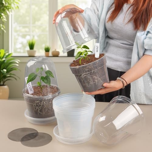 BTPLASTIK 6 Inch Clear Nursery Pots with Humidity Domes 15 Pack, Transparent Plastic Plant Pot with Drainage Holes and Saucers, Seed Starter Pots with 15 Pcs Plant Labels and 15 Pcs Soil Screens - Image 5