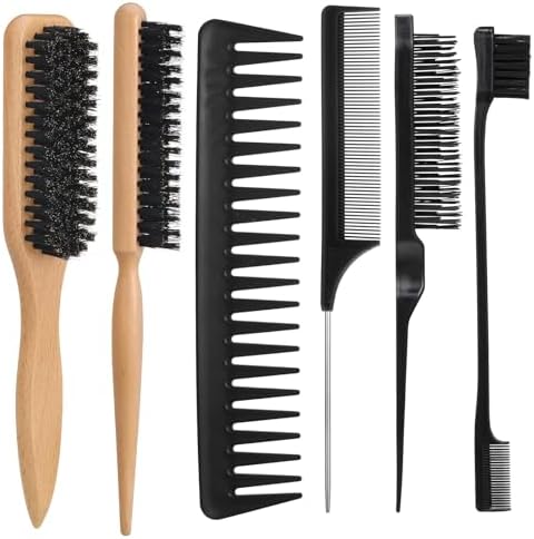6PCS Boar Bristle Slick Back Hair Brush with Edge Brush Rat Tail Comb, Wide Tooth Comb for Men Women by auroray