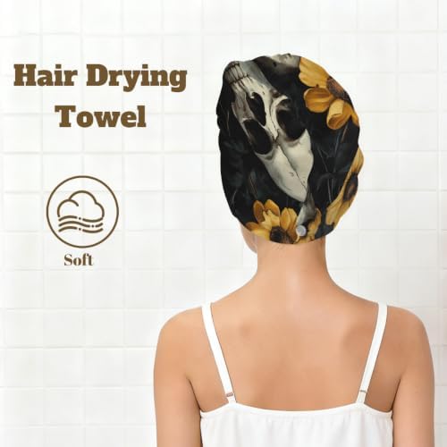 Microfiber Hair Towel Wrap Gothic Skulls Yellow Flowers - Image 6
