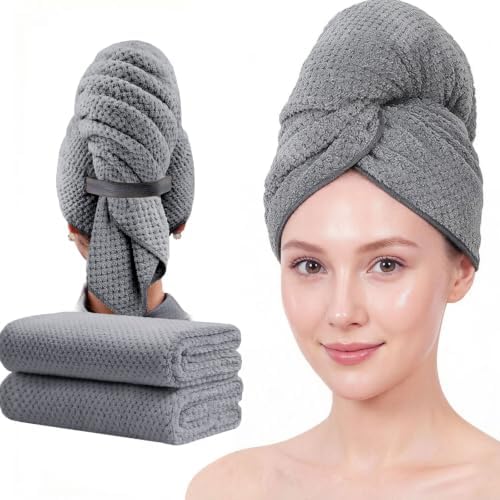 Microfiber Hair Towels, Waffle Hair Towel Set, Super Soft Highly Absorbent, Sturdy Quick Drying Turbans for Long, Thick, Curly Hair (2 Pack, 40" x 20") by Wuwahold
