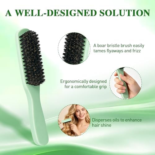 Boar Bristle Slick Back Hair Brush for Smooth Flyaways, Frizz, Sleek Ponytail, Buns and Edge Baby Hair | Edge Brush, Teasing Brush Rat Tail Comb Styling Accessories for Girls, Kids, Women & Men(Green) - Image 2