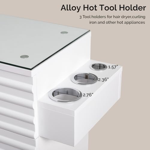 Salon Stations for Hair Stylist, Barber Station with Glass Top & Drawers & Hot Tool Holder, Salon Storage Cabinet Hair Organizer Equipment for Beauty Spa Dresser, White - Image 6