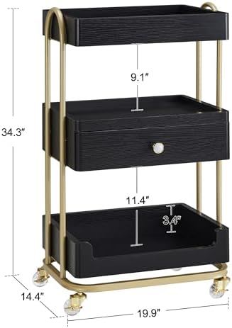 BarberPub 3-Tier Salon Trolley Cart with Drawer, Metal Frame Black 2086 - Image 2