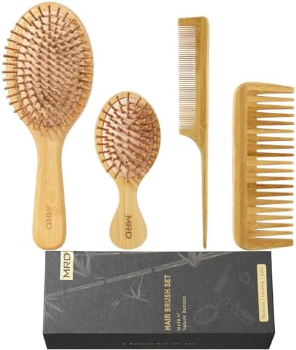 MRD Bamboo Hair Brush Set, 4-Piece Detangling Hairbrush and Comb Kit, Paddle Brush for Women Men Kids, All Hair Types-Gift Box by MRD-Beauty