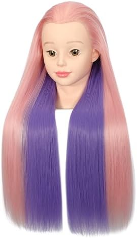 26"-28" Mannequin Head Styling Mannequin Head for Hair Styling and Free Table Stand Training Head Manikin Cosmetology Doll Head with Long Fiber Hair Hairdresser Practice Head for Stylist (Pink purple) - Image 2