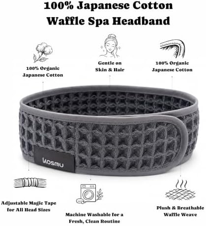 Luxury Organic Japanese Cotton Waffle Spa Headband for Women | Adjustable Towel Headband with Magic Tape | Makeup, Face Washing, Facial, Cosmetic & Skincare, Gift for Her Self-Care (Smoke Grey) - Image 2