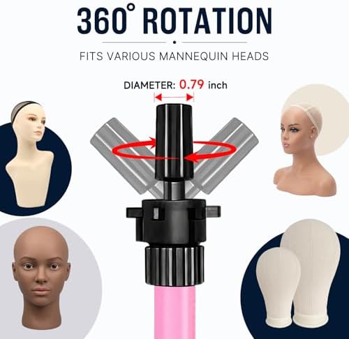 AliLeader 50 Inch Wig Stand Tripod with Tray - Adjustable Mannequin Head Stand Wig Tripod Stand Wig Head Stand Tripod for Training Heads and Canvas Block Head (Mannequin Head Not Included,Pink) - Image 5