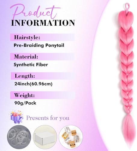 Getgal Pink Hair Extensions 24inch Pre Braiding Hair Synthetic Braid Ponytail Hair For Halloween Costume Cosplay（24inch Ponytail Pink） - Image 2