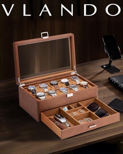 VLANDO Watch Box for Men, 10-Slot 2-Layer Watch Case with Glass Lid, Lockable Textured Leather Display Organizer with Drawer for Rings Glasses Cufflinks, Watch Holder for Dad Husband Collector, Brown - Image 5