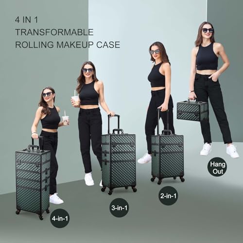 Stagiant Rolling Makeup Train Case Cosmetology Case on Wheels 4 in 1 Cosmetic Box Makeup Travel Case with Key Swivel Wheels Nail Artist Salon Barber StorageTraveling Cart Trunk Dark Green - Image 4