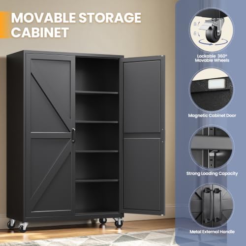 Yizosh Wide Deep Metal Pantry Storage Cabinet,Mobile Garage Storage Cabinet - Image 6