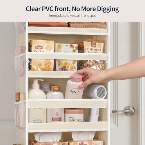 Yecaye 7 Tier Over the Door Organizer, Large Capacity Door Organizer Hanging with Clear PVC Windows, Behind the Door Storage for Bedroom Nursery Closet Laundry Pantry Bathroom, Cream White - Image 2