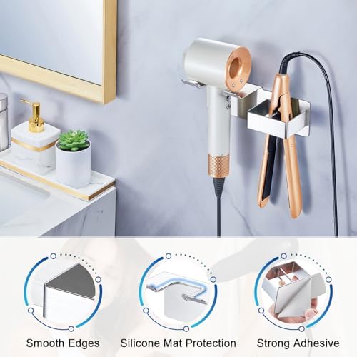 Hair Dryer Holder Wall Mounted, Hair Straightener Holder Metal, Adhesive Blow Dryer and Hair Straightener Holder, Bathroom Bedroom Hair Tool Organizer for Flat Iron,Curling Iron,Hairdryer (Sliver) - Image 3