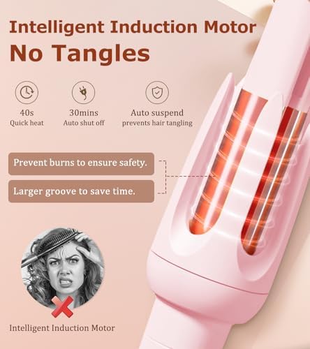 Auto Hair Curler, Automatic Curling Iron with 4 Temperature & 3 Timer, Automatic Shut-Off, Anti-Scald, Anti-Tangle Rotating Curling Wand for Hair Styling, Pink - Image 5