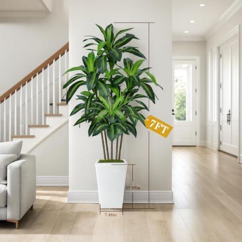 Flydeer 7FT Artificial Dracaena Tree with Tall White Planter, Floor Plant - Image 2