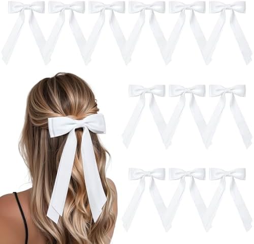 12PCS White Hair Bows, Large Ribbon Bow Hair Clips for Girls Women Cute Ponytail Holder Accessories for Toddlers Kids Teens by AILEAM