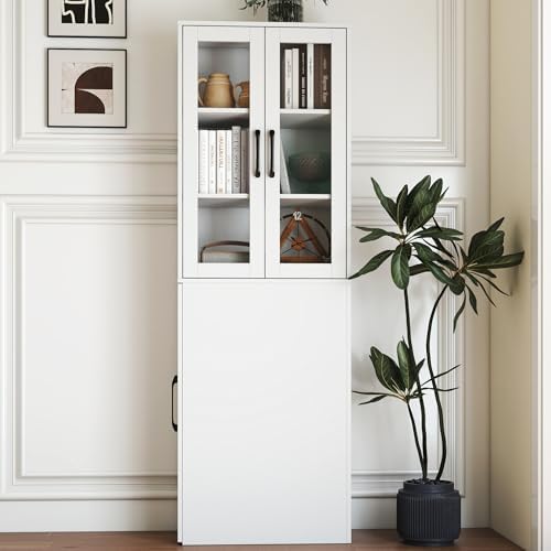 4-Tier Glass Door Display Storage Cabinet Pull-Out Kitchen Pantry,White - Image 5