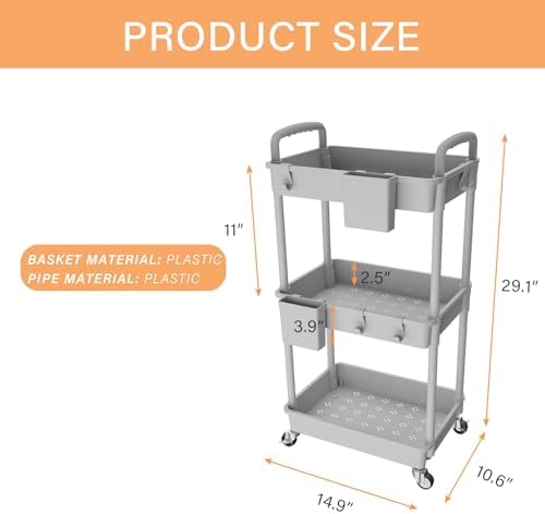 3 Tier Rolling Utility Cart with Handle,REBECAT Utility Cart Made of Multifunctional Storage Organizer Tool for Kitchen,Bathroom,Living Room,Office(Gray) - Image 5