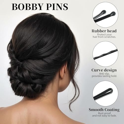YGDZ 750PCS Bobby Pins Black Kit, 250 Hair Pins for Women, 2 Inch Wave Bobby Pins for Black Hair, 500 Clear Elastic Hair Ties, Bulk Hair Pin for Buns, Hair Accessories for Women, Kids, Girls - Image 3