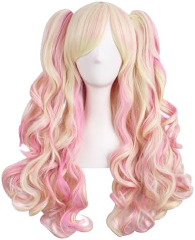 MapofBeauty Lolita Long Curly Clip on Ponytails Cosplay Wig, Blonde/Pink by MapofBeauty