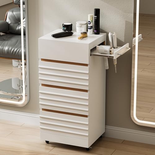 Salon Trolley Cart with Lockable Wheels, Rolling Hair Cart with 3 Dryer Holders for Hair Stylist, Wall Mount Makeup Organizer Stations Cabinet for Beauty Spa Barbershop Tattoo(White) by Belandi