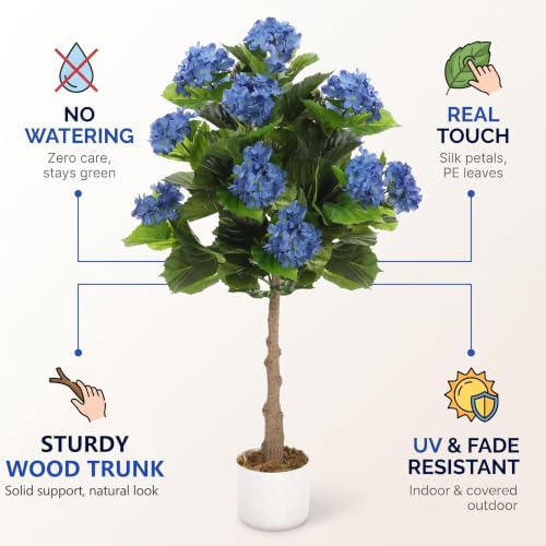 Garvee Artificial Hydrangea Tree, 3.1 FT Faux Hydrangea Plant in Pot with 9 Lifelike Blue Flowers, Fake Potted Flower Trees with Black Planter for Indoor Home Office Decor - Image 2