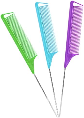 Rat Tail Teasing Combs Set: 3 Long Steel Pin Combs for Parting Hair - Salon Styling Combs for Women (Purple, Green, Blue) by Kunihiko