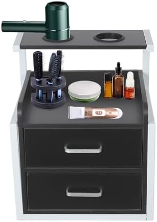 Salon Wall Cabinet with 2 Drawers, Wall Mounted Salon Storage Organizer with Hair Dryer Holder, Hair Station for Beauty Spa Barbershop (Black+ Silver) by Unknown