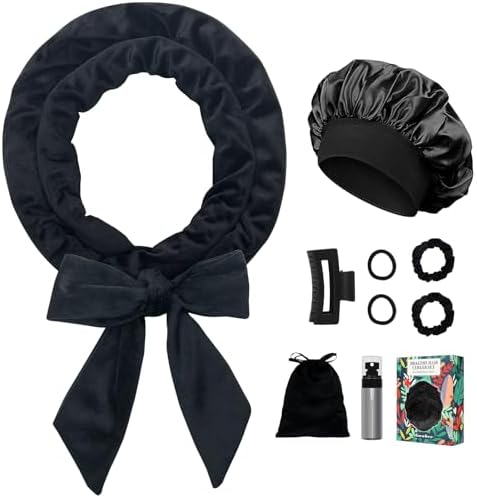 Gwabee No Heat Hair Curlers Overnight Curls Headband - 70" Soft Ribbon Curl Wrap for Long Hair, 9 PCS Curling Rod Set with Bonnet - Black by Gwabee