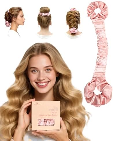 BONNET QUEEN Large Satin Heatless Hair Curler for Long Thick Hair, Heatless Curls Overnight, Hair Curlers to Sleep In, Damage-Free Waves for Women with Built-in Scrunchie, Cream Pink by BonnetQueen