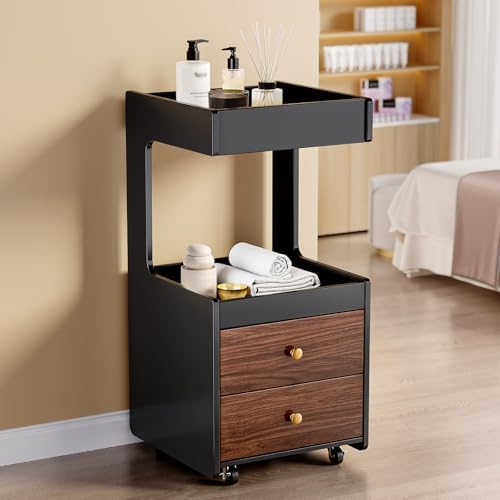 Salon Trolley Cart, Esthetician Cart with 2 Drawer & 2 Trays, 2 Lockable Wheels Hair Styling Station, Tool Organizer Storage Cabinet for Beauty Spa Barbershop, Black Walnut by OmySalon