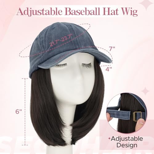 SEGO Unisex Vintage Baseball Cap with Hair Extensions for Women Synthetic Hair Attached Short Straight Hairpiece Denim Blue Baseball Cap Wig Adjustable Hat Wigs for Women 6 Inch 4A Black Brown - Image 3