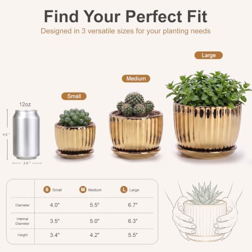 Plant Pots,Ceramic Flower Pots with Drainage Holes & Saucers Set of 3（Gold） - Image 2