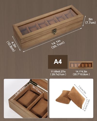 Uten Wooden Watch Box 6 Slot, Watch Display Case with Glass Lid, Brown - Image 2