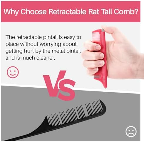 RHOS Retractable Fine Tooth Comb for Hair Parting, Styling, Cutting and Braiding - Carbon and Stainless Steel Pin Tail Comb (Pink) - Image 4