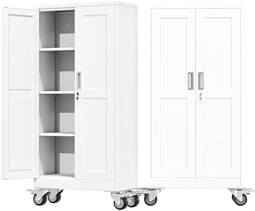 61" Metal Garage Storage Cabinet with Wheels and Locking Doors and Tall Rolling Steel Tool Cabinet with 3 Adjustable Shelves for Garage,Home,Office,Shop (White, 61''H x 28''W x14''D) by AUEYTVR