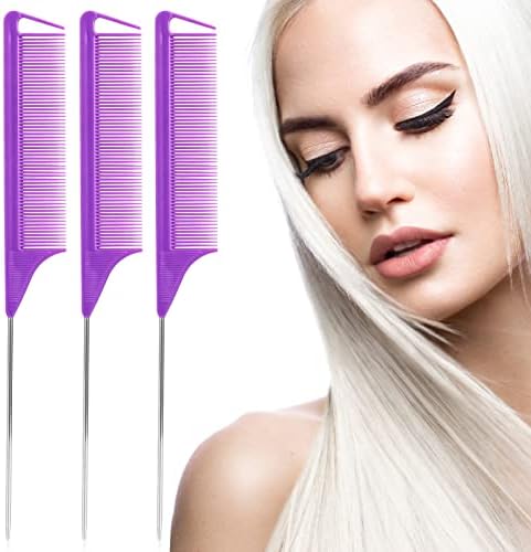 Rat Tail Steel Pin Teasing Combs Set: 3 Pack Hair Styling Combs for Parting and Teasing All Hair Types (Purple) - Image 2