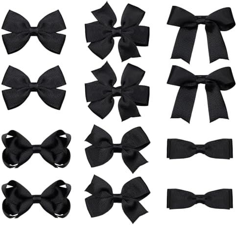 3 Inch Black Grosgrain Hair Bows Alligator Clips for Girls, 6 Pairs Solid Color Hair Ribbon Accessory for Toddler Teen Kids Child School, Halloween Party Gift, Secure Non-Slip Grips by KCHIES-AccessoryCollection