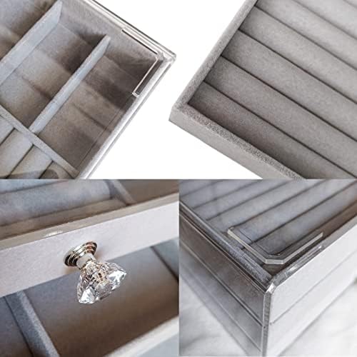 Clear Acrylic Velvet Jewelry Organizer with 3 Drawers, Stackable Display Storage Earrings Necklace Rings Bracelets Box Holder Case for Women, Grey - Image 6