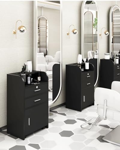 Hair Salon Storage Cart with Locable Wheels & 3 Hair Dryer Holders & 2 Drawers & Lock & 2 Keys, Rolling Salon Cart for Hair Stylist, Hairdresser, Beauty (Black - A) - Image 3