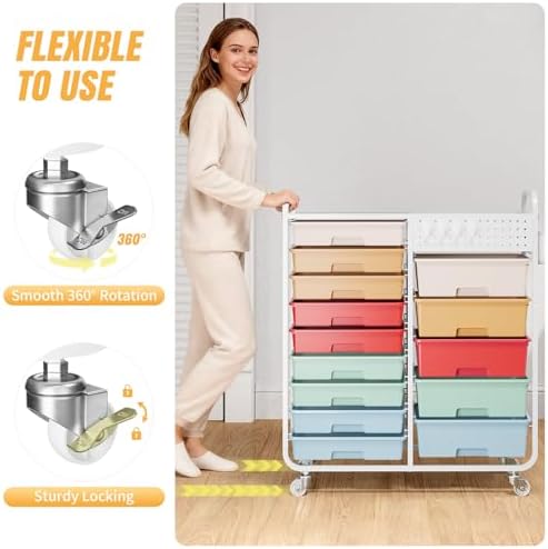 14 Drawer Rolling Storage Cart with Tabletop and Pegboard for Craft Color - Image 6