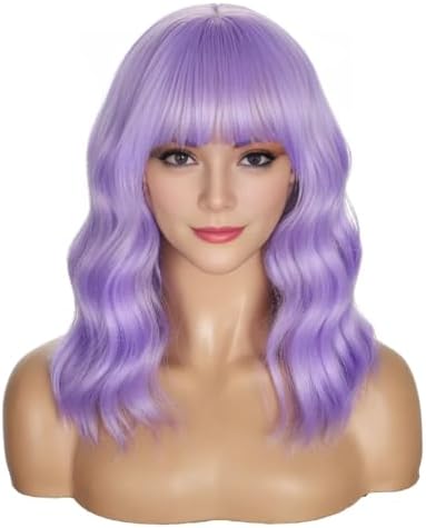 Sebast Pastel Bob Wigs with Bangs for Women Loose Wavy Wig Pastel Wavy Shoulder Length Bob Synthetic Cosplay Wig for Girl Colorful Costume Wigs (Taro Purple) by Unknown