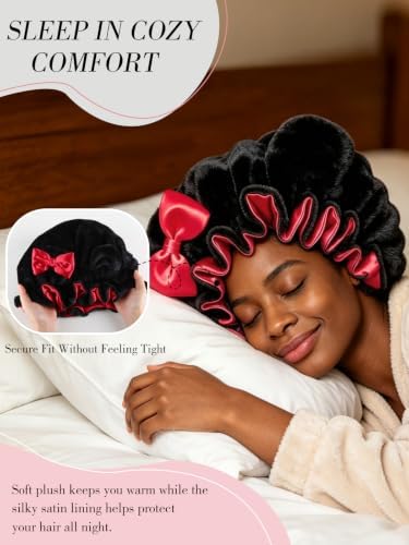 Plush Satin Bonnet for Sleeping with Bow, Cozy Winter Bonnet - Image 3