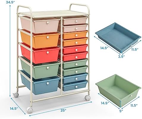 Giantex 15 Drawers Rolling Cart, Classroom Organizers, Storage Cart with Wheels, for Teacher Office Home School Supplies Tool Craft Art Paper - Image 3
