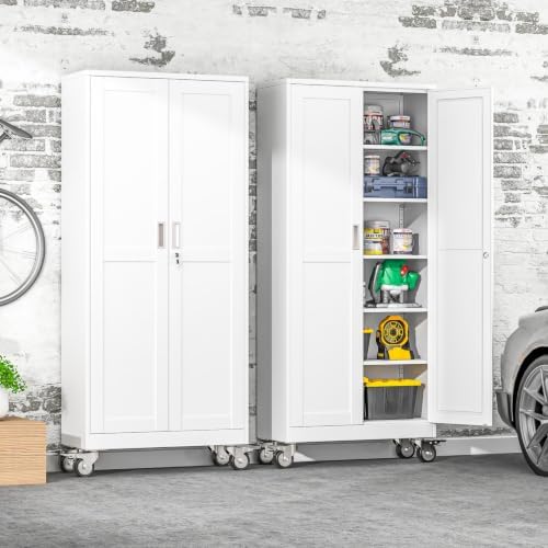 75" Metal Garage Storage Cabinet with Wheels and Locking Doors and Tall Rolling Steel Tool Cabinet with 5 Adjustable Shelves for Garage,Home,Office,Shop (White, 75''H x 32''W x16''D) - Image 2