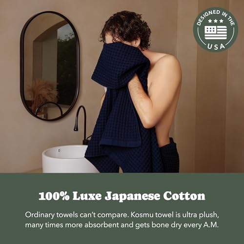 Luxury Organic Japanese Cotton Waffle Bath Towel | Thick, Absorbent, Quick Dry Bathroom Towels for Shower, Sauna, Onsen| Hotel & Spa Quality, Gift-Ready (Ocean Blue, Bath Towel Set (3-Piece)) - Image 3