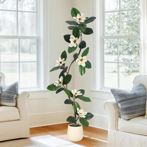 Artificial Magnolia Tree, Tall Faux Plant Indoor with White Flowers in White Planter, Artificial Trees for Home Decor Indoor, Faux Trees Indoor for Living Room Office,6FT by GaoMon