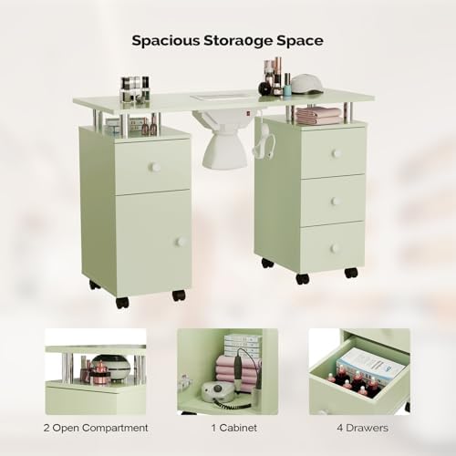 OmySalon Manicure Table Nail Desk for Nail Tech, Nail Table Station w/Electric Dust Collector, Makeup Beauty Salon Storage Acetone Resistant w/Lockable Wheels,Wrist Cushion,4 Drawers&Cabinet(Green) - Image 3