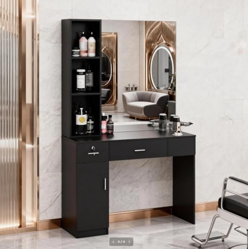 OmySalon Salon Station with Mirror, Locking Barber Station for Hair Stylist, Wall Mount Cabinet with Hair Dryer Holders & Open Shelves, for Barbershop Beauty Spa, Black - Image 7